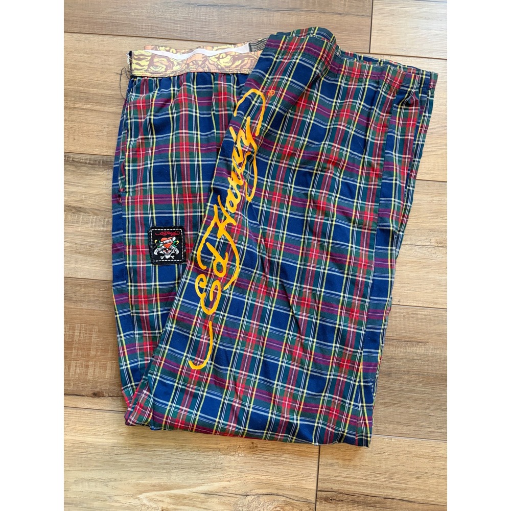Ed Hardy Mens Plaid Pajama Pants XL Blue Red Tiger Waistband Y2K Lounge